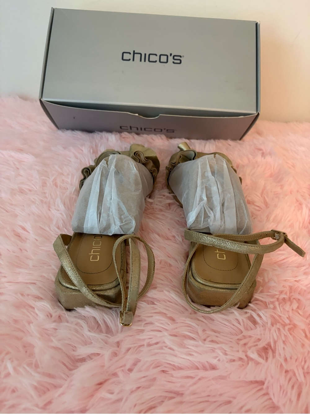 Chico's Metallic Gold Ruffle Sandals - Picture 3 of 9